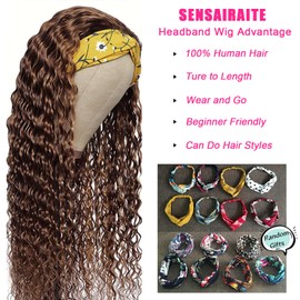 SENSAIRUITE Chocolate Brown Headband Wig Human Hair 2 Inch Deep Wave Curly None Lace Front Wigs for Black Women 180% Density Wear and Go Glueless Wig