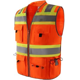 LOHASPRO Surveyor Safety Vest High Visibility Vest Heavy Duty Class 2 Safety Vests with Pockets and Zipper(SV66 Orange,Large)