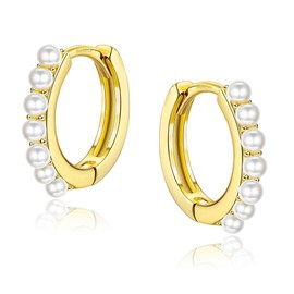 ZELORES Sterling Silver Pearl Earrings for Women 14K Gold Plated Small Huggie Hoop Earrings Tiny Pearl Hoop Earrings