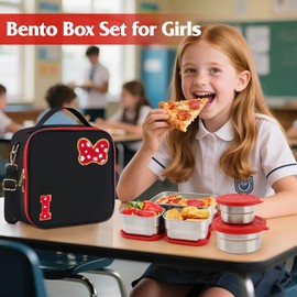 Insulated Lunch Box Set, Bow Mouse Preppy Initial Lunch Bag With Stainless Steel Bento Box, Cooler Snack Food Containers Back To School Gift Girls Teens Kid Women For Picnic Park Work Travel Black I