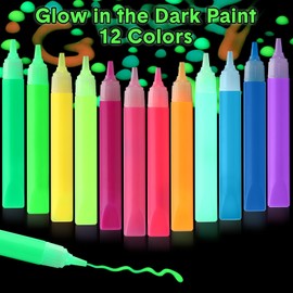 Dunzoom 30 Pcs Glow in The Dark Paint Pen 12 Colors x 10 ml Waterproof Acrylic Textile Paint Markers Neon Fabric Paint Fluorescent Acrylic Paint Pens for Clothes Canvas T-shirt Art Supplies DIY