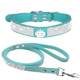 haoyueer Haoyueer Cute Dazzling Sparkling Elegant Fancy Soft Suede Leather Bling Rhinestone Crystal Jeweled Pet Cat Dog Puppy Collar Dog Leash Combo Set (L, Blue-5)