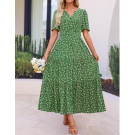ZESICA Women's 2025 Summer Casual Floral Print Short Sleeve V Neck High Waist A Line Tiered Flowy Boho Maxi Dress,Green,Medium
