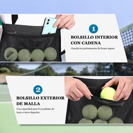 Fokoo Soporte de Banda para Pelotas de Tenis, Soporte Ajustable para la Cintura de Pelotas, Bolsa de Malla para la Cadera, Ostiene Fácilmente 8 Tenis, Doble Capa Puede Almacenar Celular, Auriculares