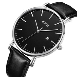 BUREI Men's Wristwatch, Simple, Stylish, Brand, Popular, Ultra-thin, Lightweight, Analog Watch, Business, Waterproof, Quartz, Men's Watch, silver-black2, Analog-quartz Movement