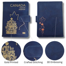 RedDeer Canada Passport Holder Wallet Premium PU Leather Travel Passport Wallet RFID Blocking Passport Cover Case Travel Documents Organizer with Pen Holder, for Women and Men (CAN- Blue)