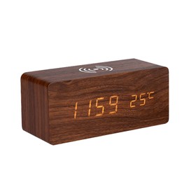 Digital Wooden Alarm Clock Electronic LED Time Display for Bedroom 10W Wireless Charging 3 Alarm Settings Date&Temp Display, Brown