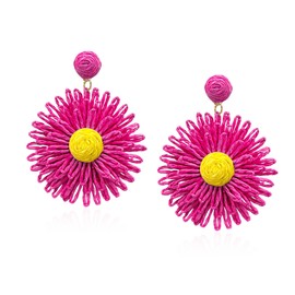 Chanaiqw Raffia Daisy Flower Earrings Raffia Straw Wrapped Daisy Drop Dangle Earrings Summer Tropical Beach Jewelry (Hot Pink)