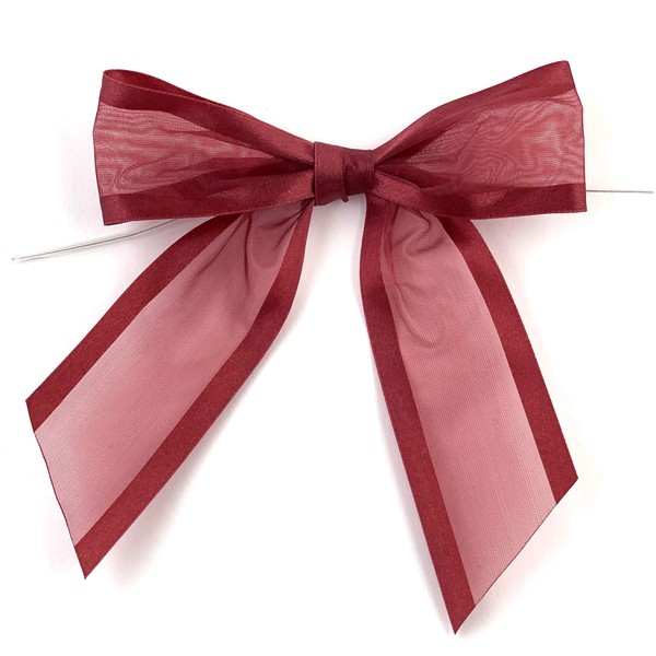 Pre-Tied Burgundy Organza Bows - 4" Wide, Set of 12, Craft Ribbon Bow, Satin Edge, Wedding Embellishments, Mother's Day, Gift Basket, Birthday, Christmas, Valentine's Day, Easter
