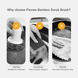 2 Pack Bamboo Dish Scrub Brush, Picowe Natural Scrub Cleaning Brush Vegetable Brush for Dishes Cast Iron Pots Pans, Used in Bathroom Kitchen Sink Hous