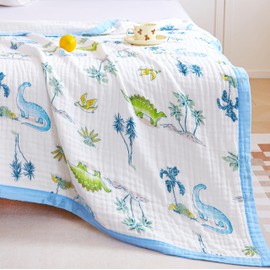 J-pinno Dinosaur Muslin Blanket Reversible 100% Cotton 6 Layer Quilt Bed Blanket Soft Warm Throw Sofa Couch Toddler Kids Cartoon Travel Coverlet Sheet (Dino, Crib 46" X 56")