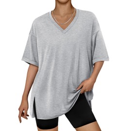 Trendy Queen Oversized Tshirts for Women Workout Plus Size Tops V Neck Short Sleeve Tunic Side Slit Outing T Shirts 2025 Spring Summer Casual Clothes Loose Fit Basic Tees Beach Vacation Grey 3XL