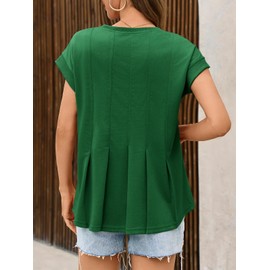Cicy Bell Womens Summer Peplum Blouse Casual Dressy Cap Sleeve Pleated Tops Ribbed Knit Crew Neck Shirts Green