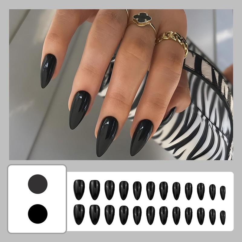 OuryTech Press on Nails Black, 24 Pieces All Black Medium