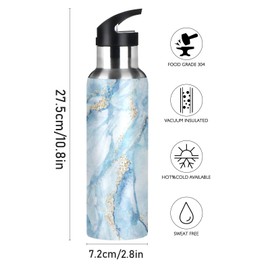 Qilmy White Blue Marble Water Bottle Vacuum Insulated Stainless Steel Water Bottles with Straw Lid Leakproof Wide Mouth Water Flask for Fitness Outdoor Sports, 22 oz