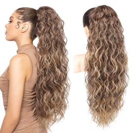 REECHO Ponytail Extension 30" Long Claw Clip Ponytail Extension Curly Wavy Pony Tails Hair Extensions Clip in Synthetic Hairpiece for Women, Dark Ash Blonde with Golden Ends