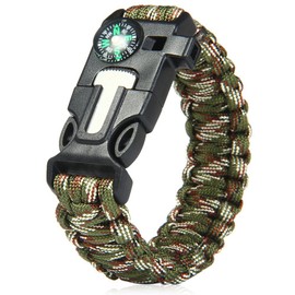 Wooboo 5 in 1 Survival Paracord Bracelet Wrist Band (Cable with Outdoor Tools Flint, Whistle, Compass, Scraper, green