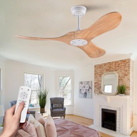 OMYU 42 Inch Ceiling Fan no Light with Remote, Ceiling Fan without Light, 3 Wooden Blades,Reversible DC Motor,6 Speeds,Outdoor Indoor Ceiling Fan for Patio Bedroom Office