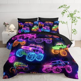 XYNHML Colorful Neon Off-Road Racing Truck Comforter 7Pcs Cool Speed Race Car Bedding Set for Kid Boy Girl Adult Extreme Sports Games Quilt Set Twin with 2 Sheets,2 Pillowcases,2 Throw Pillow Covers