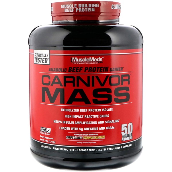 MuscleMeds Carnivor Mass Anabolic Beef Protein Gainer, Chocolate Peanut Butter, 6 Pounds