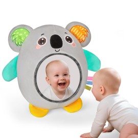 FIOBEE Tummy Time Mirror Toys Textures Soft Sensory Toy with Crinkle Sounds High Contrast Baby Toys Infant Toy for Ages 0 Months and Up Newborn Training Essentials, Gray Koala