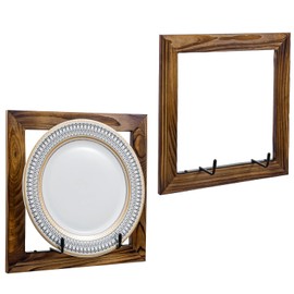 MyGift Set of 2 Wall Mounted Single Plate Holders with Decorative Wooden Frame, Rustic Burnt Solid Wood Display Racks and Black Metal Wire Hanger Hooks for 8 to 11 Inch Plates