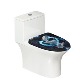 COEQINE Toilet Lid Cover Black Dolpine Blue Print Dortable Toilet Lid Cover Elongated Bathroom Decoration