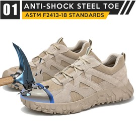 PAMEILA Steel Toe Shoes for Women Non Slip Comfortable Lightweight Slip Resistant Safety Work Shoe Indestructible Construction Composite Khaki, 230