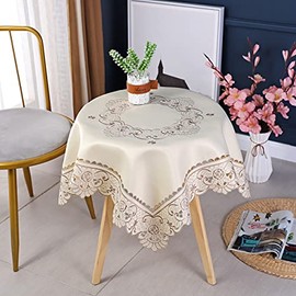 2PCS Small Square Beige Lace Tablecloth European Style Table Covers With Elegant Floral Patterns Embroidered 22 x 22 inch/56x56cm for Coffee Table, Dining Room Home Decoration
