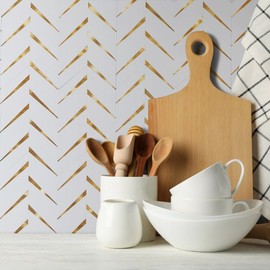DICOFUN 1 Sheet Polished White Herringbone Peel and Stick Backsplash for Kitchen, PVC Mixed Metal Gold Chevron Stick on Backsplash Wall Tiles