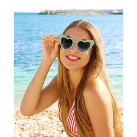 Geopty 12 Pack Sage Green Heart Shaped Sunglasses for Women Bachelorette Party Favors Retro Cateye Bridemaid Glasses Bride Shower Gift