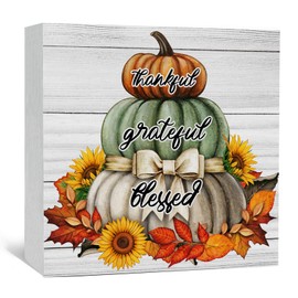 Nitelat Fall Thanksgiving Pumpkin Wooden Box Signs, Fall Thanksgiving Decorations, Thankful Grateful Blessed Autumn Harvest Pumpkin Wood Sign Home Decor for Room Bedroom Desk Table Shelf 5x5 Inch