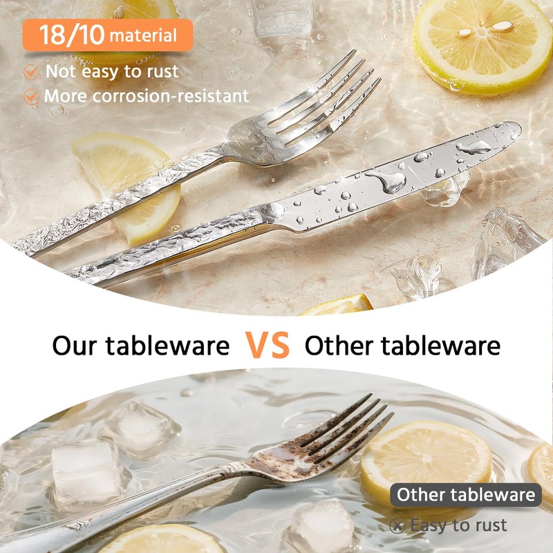 KINGSTONE 40 Pcs Hammered Silverware Set for 8, 18/10 Stainless