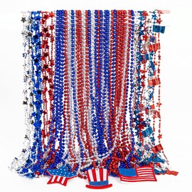 4th of July Necklace Accessories, 48PCS Fourth of July Bead Necklaces, Patriotic Independence Day Red Blue White Necklace USA Hat Flags Pendant, Metallic Necklaces for Flag Day Parades Party Favors