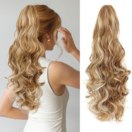24" Ponytail Extension, Long Curly Wavy Claw Clip and Natural-Looking Synthetic Hairpiece, Voluminous Pony TailHair Extensions for Women Daily Wear. (Dark Blonde with Beige Blonde Highlights, 24Inch)
