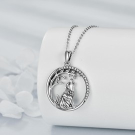 AOBOCO 925 Sterling Silver Moon Phase Necklace Moth/Wolf Pendant Oxidized Vintage Necklace Jewelry Christmas Gifts for Women Mom (Wolf and Tree)
