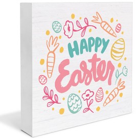 Easter Decor Happy Easter Decorations for the Home, Farmhouse Home Wooden Plaque Block Sign Desk Decor 5 x 5 Inches