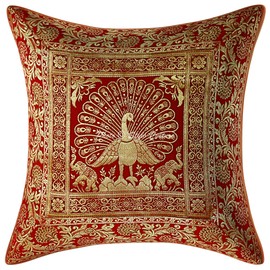 Stylo Culture Ethnic Brocade Couch Lounge Scatter Cushion Covers 16x16 Inch Red Gold Dancing Peacock 40cm x 40cm Jacquard Square Decorative Floral Throw Pillowcase - (1 Pc)