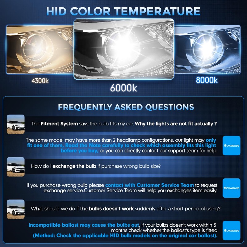 TechWizHub D3S HID Bulbs, 6000K Cool White 35W High/Low Beam,