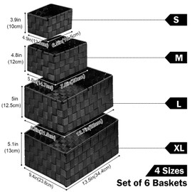 Uvellgift Woven Storage Baskets, Storage Bins, Cube Basket Container Baskets Storage Boxes Organizers for Clothes /Shelves/ Closet, Set of 6 (Black)