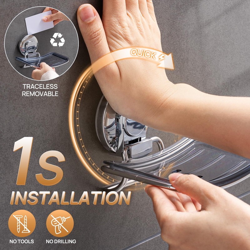 LEVERLOC Chrome Suction Cup Soap Dish Holder for Shower Wall