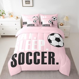 Feelyou Soccer Ball Comforter Set with Sheets Twin Size Pink Football 7 Pieces Bedding Set for Kids Boys Girls Teens Sports Ball Game Bed in a Bag Gift for Football Lover Bed Set