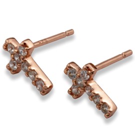 Tisoro Sterling Silver Cross Earrings with Cubic Zirconia Studs - 100% Hypoallergenic & Allergy Free (Rose Gold)