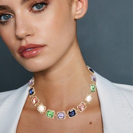 BriLove Women's Geometric Candy Choker Necklace, Irregular Rectangle Emerald Cut Cluster Stunning Crystal Simulated Pearl Statement Chunky Bib Collar Necklace for Party Colourful Gold-Tone