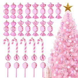Lanpn 30 Pcs Candy Cane Christmas Decorations, Peppermint Candies Xmas Tree Ornaments, Mini Pink White Lollipop Candy Canes, Plastic Crutch Pendant Hanging Decor for Candyland Holiday Indoor Outdoor