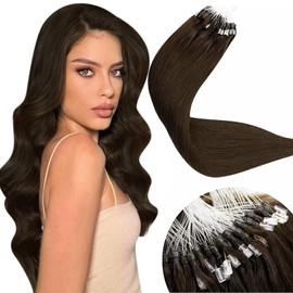 LaaVoo Micro Ring Hair Extensions Real Human Hair Dark Brown Micro Loop Hair Extensions Straight Micro Beads Hair Extensions 16In 1g/s 50g #4
