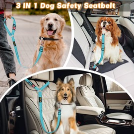 Dog Seat Belt Harness for Car, Dog Car Leash with Car Headrest & Buckle, Reflective Short Dog Leash, Pet 15 Inch Heavy Duty Leash for Dogs with Padded Handle & Locking Carabiner Clip, Sky Blue
