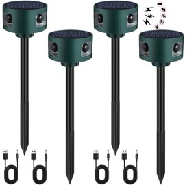 Qualirey 4 Pack Solar Indoor&Outdoor Motion Sensor Alarm Ultrasonic, 360° Motion Detection Animal Deterrent Gunshot Noise Maker for Home Security, 3 Modes