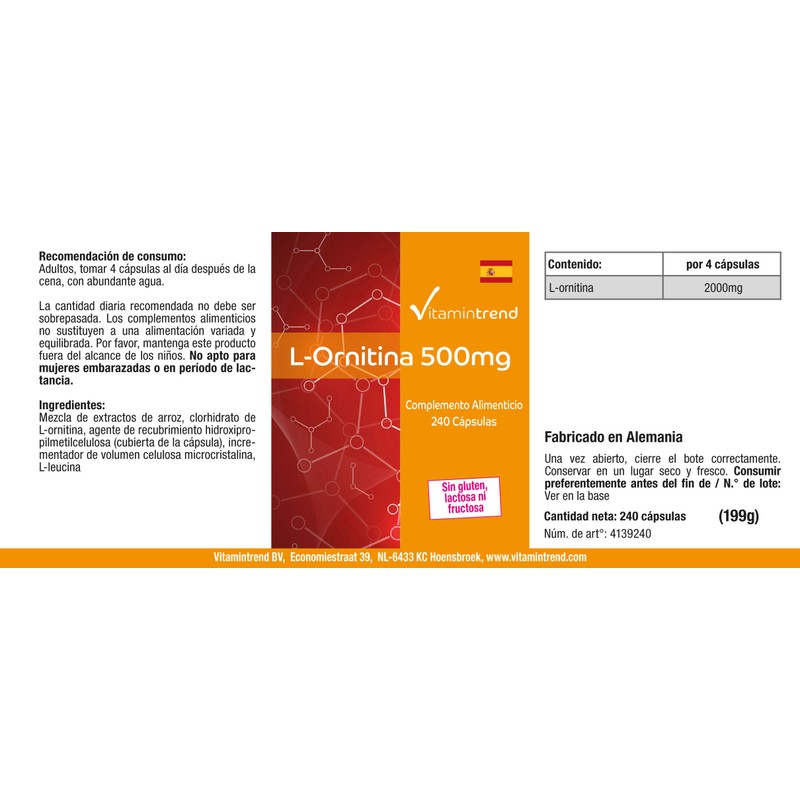 L-Ornithine 500 mg – 240 Capsules – Vegan – High