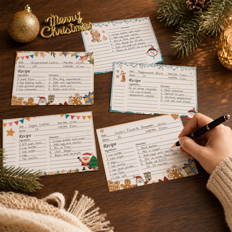 60 Pack Christmas Recipe Cards 4x6 Inch Double Sided Holiday